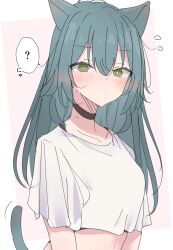 1girl ? absurdres animal_ears black_choker blush breasts bright_pupils cat_ears cat_tail choker collarbone cropped_shirt flying_sweatdrops gakuen_idolmaster hidarite_no_hoosoku_(tdog) highres idolmaster kemonomimi_mode long_hair looking_at_viewer medium_breasts shirt simple_background solo spoken_question_mark straight_hair tail tsukimura_temari very_long_hair white_pupils white_shirt
