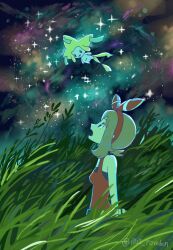 1girl bandana bike_shorts blue_eyes bow_hairband breasts brown_hair fanny_pack gen_3_pokemon grass hairband highres jirachi legendary_pokemon may_(pokemon) mythical_pokemon night night_sky nintendo open_mouth pokemon pokemon_(creature) pokemon_oras red_shirt rowdon shirt short_hair shorts sky sleeveless smile star_(sky) starry_sky