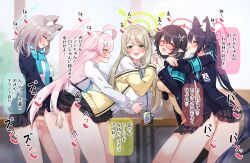 2girls 3futa absurdres animal_ears ayane_(blue_archive) black_hair blue_archive blue_halo blue_scarf breasts censored clothed_sex eichan_(eichanidfi) futa_with_female futa_with_futa futanari glasses grabbing_another&#039;s_breast green_halo grey_hair groping group_sex halo highres holding_hands hoshino_(blue_archive) large_breasts long_hair love_train lucky_pierre medium_breasts mosaic_censoring multiple_futa multiple_girls nonomi_(blue_archive) penis pink_hair sandwiched scarf serika_(blue_archive) sex sex_from_behind shiroko_(blue_archive) shirt short_hair speech_bubble standing thighs translation_request twintails white_shirt