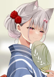 Rule 34 | 1girl, animal ear fluff, animal ears, blue kimono, blurry, blurry background, blush, bow, closed mouth, commentary request, depth of field, grey hair, hair bow, hand fan, hand up, holding, indie virtual youtuber, japanese clothes, kimono, natsume eri, natsume eri (vtuber), paper fan, pink bow, red eyes, smile, solo, striped clothes, striped kimono, uchiwa, upper body, vertical-striped clothes, vertical-striped kimono, virtual youtuber