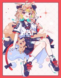 1girl :d ahoge animal_ear_fluff animal_ears aramedraw black_bow black_bowtie black_choker black_shoes black_skirt blush border bow bowtie bracelet brown_hair cat_ears cat_girl cat_tail choker commentary_request full_body grid_background hair_bow hand_up highres jewelry looking_at_viewer nail_polish open_mouth original outside_border red_border red_nails shirt shoes short_hair short_sleeves signature skirt smile sneakers socks solo tail tail_bow tail_ornament white_background white_shirt white_socks