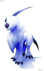 absol bright_pupils claws closed_mouth creatures_(company) dated full_body game_freak gen_3_pokemon highres likey looking_to_the_side nintendo no_humans pokemon pokemon_(creature) pokemon_focus red_eyes signature solo standing white_background white_fur white_pupils