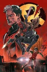 absurdres bat_signal batman batman_(series) batman_symbol batmobile black_bodysuit black_gloves black_hair blue_eyes bodysuit brown_jacket cape cowl dc_comics domino_mask dual_wielding gloves grey_bodysuit gun highres holding holding_gun holding_weapon jacket jason_todd lucas_meyer male_focus mask multicolored_hair multiple_boys multiple_persona muscular muscular_male open_clothes pants red_hood_(2018_costume) red_hood_(dc) red_hood_and_the_outlaws red_mask robin_(dc) shirt short_hair superhero_costume taut_bodysuit two-tone_bodysuit two-tone_hair weapon western_comics_(style) yellow_cape