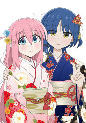 2girls absurdres blue_eyes blue_hair blue_kimono blush bocchi_the_rock! closed_mouth cube_hair_ornament earrings eyes_visible_through_hair floral_print floral_print_kimono flower gotoh_hitori hair_between_eyes hair_flower hair_ornament hairclip hand_on_another&#039;s_shoulder highres hoite_(11922960_ze) japanese_clothes jewelry kimono light_blush long_hair long_sleeves looking_at_viewer mole mole_under_eye multiple_girls one_side_up open_mouth pink_hair print_kimono short_hair side_ahoge simple_background smile v white_background white_kimono yamada_ryo yellow_eyes