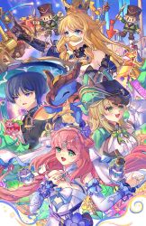 1boy 3girls :d alternate_hair_color arm_up bare_shoulders black_gloves black_hair black_hat blonde_hair blue_dress blue_eyes blue_hair blue_sleeves bow bowtie breasts brown_gloves commentary_request crown detached_sleeves disgust double_bun dress drill_hair facial_hair floating_hair flower genshin_impact gloves gradient_sleeves green_bow green_bowtie green_eyes hair_between_eyes hair_bun hair_flower hair_ornament hand_on_own_chest hat highres jingasa kirara_(genshin_impact) kirara_(phantom_in_boots)_(genshin_impact) light_blush long_hair looking_at_viewer making-of_available maron_star medium_breasts mini_durin_(genshin_impact) multicolored_hair multiple_girls mustache navia_(genshin_impact) nilou_(breeze_of_sabaa)_(genshin_impact) nilou_(genshin_impact) official_alternate_costume open_mouth parted_bangs purple_flower red_hair scaramouche_(genshin_impact) sleeveless sleeveless_dress smile toy_train very_long_hair wanderer_(genshin_impact) white_sleeves