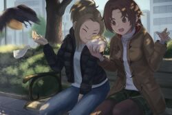 2girls alternate_costume animal bench between_legs bird birthday birthday_connection black_jacket black_leggings blue_pants blush breasts brown_coat brown_hair building bush closed_eyes closed_mouth coat commentary_request cowboy_shot crow crumbs curtained_hair day denim down_jacket eating flying_animal food food_on_face green_skirt hand_between_legs hand_up hands_up holding holding_food hood hood_down hooded_jacket idolmaster idolmaster_cinderella_girls jacket jeans jewelry lamppost leggings light_blush long_sleeves manabe_itsuki medium_breasts medium_hair multiple_girls napkin necklace on_bench open_mouth outdoors pants park_bench parted_bangs plaid_clothes plaid_skirt ponytail red_eyes saito_yoko sandwich shared_food shirt short_hair sidelocks sitting skirt straight_hair surprised sweater tile_floor tiles tree turtleneck turtleneck_sweater white_shirt white_sweater yanoyoru