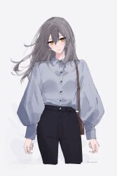 1girl alternate_costume arms_at_sides bag black_pants breasts brown_bag collared_shirt commentary earrings feint721 grey_background grey_hair grey_shirt hair_between_eyes highres honkai:_star_rail honkai_(series) jewelry long_hair long_sleeves looking_at_viewer pants parted_lips shirt shoulder_bag simple_background small_breasts solo stelle_(honkai:_star_rail) trailblazer_(honkai:_star_rail) twitter_username yellow_eyes