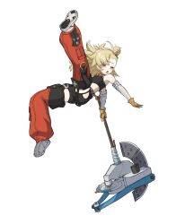 1girl axe baggy_pants bare_shoulders battle_axe black_shorts black_tube_top blonde_hair blush breasts crop_top detached_pants detached_sleeves gloves goggles goggles_around_neck green_eyes hair_bun highres holding holding_axe holding_weapon huge_weapon jumping kinokare leg_up long_hair open_mouth pants piper_wheel red_pants shorts simple_background small_breasts solo spiked_shirt strapless tube_top weapon yellow_gloves zenless_zone_zero