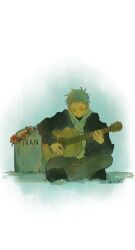 1boy alien_stage black_jacket black_shoes closed_eyes commentary english_commentary flower grey_hair head_wreath highres hood hoodie instrument jacket jacket_over_hoodie male_focus music pants playing_guitar playing_instrument red_flower shoes short_hair signature solo till_(alien_stage) tombstone very_short_hair white_hoodie yu_uue