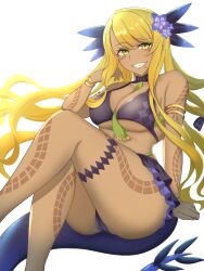 1girl absurdres bikini bikini_skirt black_bikini black_bow blonde_hair body_markings bow bracelet breasts chaldea_summer_adventure! commentary_request dragon_girl dragon_horns face_piercing fate/grand_order fate_(series) flower gold_armlet gold_bracelet green_eyes grin hair_between_eyes hair_bow hair_flower hair_ornament highres horns jewelry large_breasts long_hair piercing plumeria purple_flower scales sharp_teeth sidelocks simple_background sitting_on_own_tail smile solo swimsuit teeth utsugi_(karautu_gi) vritra_(fate) vritra_(ocean_flyer)_(fate) white_background
