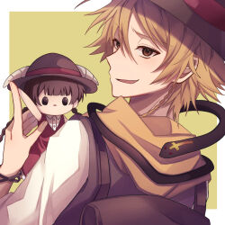 1boy alicein_mikuni backpack bag blonde_hair braid doll doubt_doubt doubt_doubt_(snake_form) hat highres holding holding_doll male_focus nathu_mochi orange_eyes orange_scarf scarf servamp short_hair side_braid yellow_background