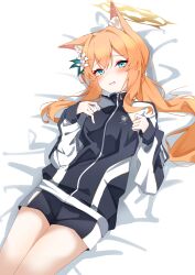 1girl absurdres animal_ear_fluff animal_ears bed_sheet blue_archive commentary_request fox_ears green_eyes gym_shorts gym_uniform halo highres jacket kabocya_na looking_at_viewer lying mari_(blue_archive) mari_(track)_(blue_archive) official_alternate_costume on_back open_mouth orange_hair partial_commentary shorts solo track_jacket yellow_halo