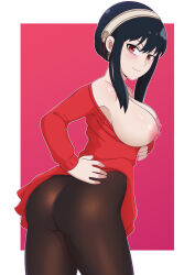 1girl arm_under_breasts ass black_hair black_pantyhose blush breasts closed_mouth clothes_lift clothes_pull cowboy_shot dress female_focus from_behind from_side hairband hand_on_own_hip large_breasts lifting_own_clothes long_sleeves looking_at_viewer looking_back morfinared naughty_face nipples pantyhose presenting pulling_own_clothes red_background red_eyes red_sweater short_hair_with_long_locks sidelocks simple_background smile solo spy_x_family standing sweater sweater_dress sweater_lift sweater_pull two-tone_background white_background white_hairband yor_briar