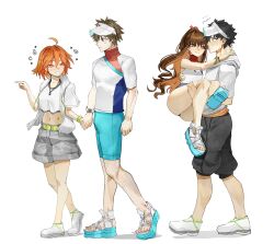 2boys 2girls ahoge bare_shoulders belt black_hair black_shorts blue_eyes blue_footwear blue_one-piece_swimsuit blue_shorts breasts brown_eyes brown_hair bulge carrying cropped_shirt drawstring fate/grand_order fate_(series) fujimaru_ritsuka_(female) fujimaru_ritsuka_(female)_(summer_street) fujimaru_ritsuka_(male) full_body grey_shorts grin hair_ornament hair_scrunchie hat highres holding_hands hooded_shirt jacket jewelry kishinami_hakuno_(female) kishinami_hakuno_(male) long_hair medium_breasts midriff multicolored_swimsuit multiple_boys multiple_girls navel necklace obazzotto one-piece_swimsuit one_side_up orange_eyes orange_hair ponytail princess_carry sandals scrunchie see-through_clothes shirt shirt_overhang shoes short_hair short_sleeves shorts sidelocks small_breasts smile sneakers swimsuit visor_cap white_footwear white_hat white_jacket white_one-piece_swimsuit white_shirt