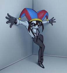 1girl bad_tag black_gloves black_necktie black_pants black_shoes blue_eyes blue_hat breasts brown_hair full_body gloves half-closed_eyes hat highres jester_cap loose_necktie mthsmelo multicolored_eyes necktie outstretched_arms pants partially_unbuttoned pomni_(the_amazing_digital_circus) red_eyes red_hat shirt shoes solo spread_arms suspenders the_amazing_digital_circus two-tone_eyes two-tone_hat white_shirt