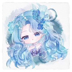 1girl :o artist_name bare_shoulders bead_choker beads black_dress blue_eyes blue_flower blue_hair border chibi coral_hair_ornament cropped_torso dress expressionless eyelashes flower gem hair_flower hair_ornament half-closed_eyes highres lanmeier light_blush long_hair looking_at_viewer nikki_(series) open_mouth outline painting_(medium) parted_bangs pearl_(gemstone) shell_hair_ornament shining_nikki solo strapless strapless_dress traditional_media very_long_hair watercolor_(medium) wavy_hair whales_toward_sea_(shining_nikki) white_border white_outline