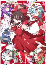 Rule 34 | 5girls, absurdres, ascot, bat wings, between fingers, blue hair, book, bow, braid, brown hair, brown shoes, ch00suke, closed mouth, collared shirt, commentary request, crescent, crescent hat ornament, detached sleeves, dress, embodiment of scarlet devil, frilled shirt collar, frills, gohei, green bow, green hat, green vest, grey hair, grimoire, hair bow, hair tubes, hakurei reimu, hat, hat ornament, hat ribbon, highres, holding, holding gohei, holding knife, holding pocket watch, hong meiling, izayoi sakuya, knife, knives between fingers, loafers, long hair, looking at viewer, maid, maid headdress, mob cap, multiple girls, official alternate costume, open book, patchouli knowledge, pink dress, pink hat, pocket watch, purple eyes, purple hair, red ascot, red bow, red eyes, red hair, red nails, red skirt, remilia scarlet, ribbon, ribbon-trimmed sleeves, ribbon trim, shaded face, shirt, shoes, skirt, skirt set, smile, socks, star (symbol), star hat ornament, touhou, twin braids, vest, watch, white hat, white shirt, white socks, wings, wrist cuffs