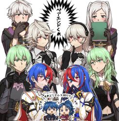 5boys 5girls armor black_coat black_gloves black_hairband blue_eyes blue_hair brown_eyes brown_gloves chibi coat crossed_bangs dual_persona female_alear_(fire_emblem) female_byleth_(fire_emblem) female_corrin_(fire_emblem) female_kris_(fire_emblem) female_robin_(fire_emblem) fire_emblem fire_emblem:_new_mystery_of_the_emblem fire_emblem:_three_houses fire_emblem_awakening fire_emblem_engage fire_emblem_fates fire_emblem_heroes gloves green_eyes green_hair grey_hair hairband heterochromia highres long_hair male_alear_(fire_emblem) male_byleth_(fire_emblem) male_corrin_(fire_emblem) male_kris_(fire_emblem) male_robin_(fire_emblem) multicolored_hair multiple_boys multiple_girls nintendo pink_eyes ponytail pout red_eyes short_hair simple_background translation_request twintails two-tone_hair upper_body white_background zuzu_(ywpd8853)