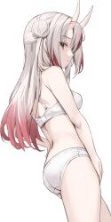 1girl absurdres ass bra breasts closed_mouth gradient_hair grey_hair hair_bun highres hololive horns multicolored_hair nakiri_ayame oni panties red_eyes red_hair red_streaks scarlet_(wv0102) simple_background skin-covered_horns small_breasts solo underwear underwear_only virtual_youtuber white_background white_bra white_panties