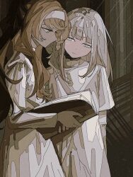 Rule 34 | 2girls, absurdres, aged down, book, chinese commentary, commentary request, dress, green eyes, grey eyes, hairband, highres, holding, holding book, ligne claire, long hair, looking at another, multiple girls, orange hair, photo-referenced, reading, reverse:1999, sonetto (reverse:1999), vertin (reverse:1999), white dress, white hair, white hairband, zhizhizi