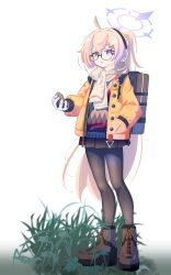 1girl absurdres ahoge argyle_clothes argyle_sweater backpack bag black-framed_eyewear black_bag black_boots black_pantyhose black_skirt black_sweater blonde_hair blue_archive boots brown_scarf brown_sweater commentary compass earmuffs glasses gloves grass halo hand_in_pocket hand_up hexaa highres holding holding_compass jacket kotama_(blue_archive) kotama_(camp)_(blue_archive) long_hair long_sleeves looking_at_viewer miniskirt multicolored_sweater official_alternate_costume open_clothes open_jacket pantyhose parted_lips pleated_skirt ponytail puffy_long_sleeves puffy_sleeves purple_eyes purple_halo red_sweater scarf semi-rimless_eyewear simple_background skirt solo sweater under-rim_eyewear very_long_hair white_background white_gloves yellow_jacket