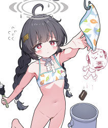 1girl absurdres ahoge bandaid bandaid_on_pussy bikini black_hair blue_archive blush bottomless braid bright_pupils bucket doodle_sensei_(blue_archive) fishing_rod flat_chest gro_(lee145879) halo highres holding holding_fishing_rod hook leaf leaf_on_head leaf_print loli long_hair miyu_(blue_archive) miyu_(swimsuit)_(blue_archive) navel official_alternate_costume print_bikini red_eyes sensei_(blue_archive) simple_background solo standing swimsuit twin_braids wallet white_background white_bikini
