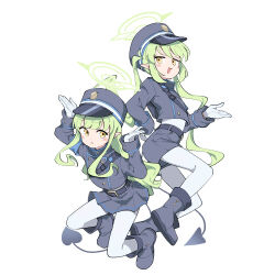 2girls black_boots black_hat black_jacket black_shorts black_skirt blue_archive boots closed_mouth commentary_request ebifried gloves green_hair halo hat hikari_(blue_archive) jacket long_hair long_sleeves multiple_girls nozomi_(blue_archive) open_mouth pantyhose pointy_ears shorts sidelocks simple_background skirt tail twintails very_long_hair white_background white_gloves white_pantyhose yellow_eyes