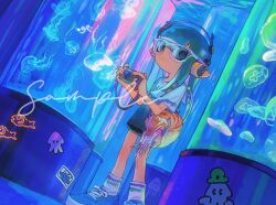1girl animal_bag aqua_eyes aqua_hair aquarium black_shorts blue_shirt blue_shoes blunt_bangs camera closed_mouth commentary expressionless foot_out_of_frame glasses gradient_clothes gradient_shirt headphones highres holding holding_camera inkling inkling_girl inkling_player_character jellyfish long_hair miko_(15476997) nautilus_(animal) nintendo pointy_ears sample_watermark shirt shoes short_sleeves shorts sneakers socks solo splatoon_(series) standing symbol-only_commentary t-shirt tentacle_hair two-tone_shirt watermark white-framed_eyewear white_shirt white_socks