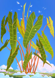 1boy absurdres barefoot black_hair black_shorts blue_sky chinese_commentary cloud commentary_request day fangpeii field flock fog grey_shirt highres nature original outdoors oversized_plant plant plant_focus shirt short_hair shorts simple_bird sky solo sunlight very_wide_shot