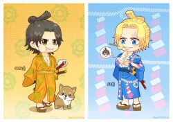 2boys as1110311117o black_hair blonde_hair blue_eyes blue_kimono brothers chibi chonmage commentary_request dog eating facial_hair food full_body geta goatee_stubble japanese_clothes kimono korean_commentary monkey_d._luffy multiple_boys one_piece onigiri orange_kimono portgas_d._ace sabo_(one_piece) sash scar scar_on_face siblings stubble topknot