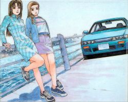 2girls arm_support brown_eyes brown_hair car casual cityscape converse crossed_legs day denim denim_skirt dress dutch_angle female_focus fence hair_over_shoulder initial_d jacket jewelry leaning_back leg_lift legs lips long_hair long_sleeves looking_at_viewer miniskirt motor_vehicle multiple_girls no_socks official_art open_clothes open_jacket outdoors parted_bangs pencil_skirt plaid_clothes plaid_dress pocket railing right-hand_drive ring satou_mako sayuki sayuki_(initial_d) shadow shigeno_shuuichi shoes short_dress side_slit sil-eighty skirt sky sneakers standing standing_on_one_leg star_(symbol) star_print swept_bangs water wavy_hair