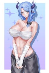 Rule 34 | 1girl, absurdres, animal ears, arm wrap, bare shoulders, black bow, black horns, black pants, blue eyes, blue hair, bow, breasts, chest sarashi, collarbone, cow ears, cow horns, earrings, hair bow, highres, horns, indie virtual youtuber, interlocked fingers, jewelry, large breasts, miilkywayz, mole, mole on breast, mole under eye, mole under mouth, multiple moles, navel, pants, sarashi, second-party source, shadow, solo, stomach, virtual youtuber, yakan (mihag3000)