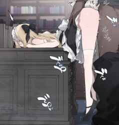 1boy 1girl apron ass bent_over black_dress blonde_hair bow clothed_sex dark-skinned_male dark_skin doggystyle dress frilled_apron frills fujiyama grabbing_another&#039;s_ass groping hanging_legs hetero interracial kneehighs long_hair maid maid_apron maid_headdress no_panties original sex sex_from_behind socks solo_focus sweat top-down_bottom-up vaginal waist_apron white_apron