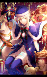 1girl :t artoria_pendragon_(fate) bag blonde_hair blue_dress blue_thighhighs braid branch chicken_(food) colonel_sanders dress eating excalibur_(fate/stay_night) excalibur_morgan_(fate) fate/grand_order fate_(series) female_focus food fried_chicken fur_trim gift green_ribbon hat holding holding_food kfc leaf legs_together letterboxed looking_at_viewer no_legwear red_ribbon ribbon saber_(fate) saber_alter sack santa_alter santa_costume santa_hat sitting skirt solo striped_ribbon sword thighhighs weapon white_skirt yellow_eyes yunohito