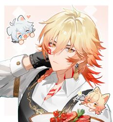 2boys animal_ears antenna_hair apron armlet black_apron black_gloves blonde_hair blue_eyes blue_hair braid chibi collared_shirt dog_ears earrings facial_tattoo food fork gloves gold_armlet gold_earrings gradient_hair hair_between_eyes hand_on_own_head heart highres holding holding_fork holding_plate honkai:_star_rail honkai_(series) jewelry long_sleeves looking_at_viewer male_focus meat medium_hair multicolored_hair multiple_boys mydei_(honkai:_star_rail) neck_tattoo orange_eyes phainon_(honkai:_star_rail) plate red_hair red_tattoo saliva serving_dome shirt side_braid solo_focus suirandanshihao tattoo two-tone_background white_background white_shirt