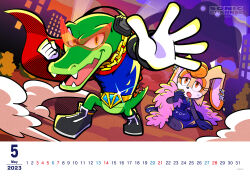 1boy 1girl absurdres archived_source black_shoes blue_dress blue_gloves blue_shirt breasts calendar_(medium) crocodile_boy dress fangs full_body gloves headphones highres on_ground open_mouth orange_eyes rabbit_girl shirt shoes sonic_(series) sonic_channel vanilla_the_rabbit vector_the_crocodile watermark web_address white_gloves yellow_eyes