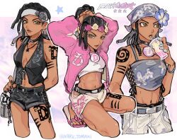 1girl arm_tattoo bag belt black_choker black_hair black_nails black_shorts blue_flower blue_nails blue_tank_top breasts choker crop_top cropped_legs cup dark-skinned_female dark_skin dragona_joestar dreadlocks drinking drinking_straw drinking_straw_in_mouth flip-flops flower green_eyes grey_flower hair_flower hair_ornament headband highres holding jacket jewelry jojo_no_kimyou_na_bouken leg_tattoo midriff multiple_views nail_polish naru_tomaki navel necklace pink_flower pink_jacket sandals shorts tank_top tattoo the_jojolands tying_hair white_headband white_shorts yellow_flower