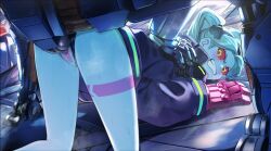 1boy 1girl ass bent_over blush breasts censored clenched_teeth colored_skin cyberpunk_(series) cyberpunk_edgerunners cyborg highres leg_tattoo long_hair long_sleeves mechanical_hands parted_bangs pussy rape rebecca_(cyberpunk) small_breasts tattoo teeth thighs waligner