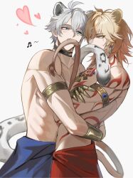 Rule 34 | 2boys, animal ears, antenna hair, arm tattoo, armlet, biting another&#039;s tail, black choker, blonde hair, blue eyes, braid, chest tattoo, choker, clawed gauntlets, commentary, crossed arms, earrings, gold earrings, gold necklace, gradient hair, hair between eyes, heart, highres, honkai: star rail, honkai (series), hug, jewelry, lion boy, lion ears, lion tail, male focus, medium hair, multicolored hair, multiple boys, musical note, mydei (honkai: star rail), neck tattoo, necklace, phainon (honkai: star rail), red hair, red tattoo, short hair, side braid, snow leopard boy, snow leopard ears, snow leopard tail, suamk2, tail, tattoo, toned, toned male, topless male, white hair, yaoi, yellow eyes