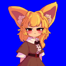 1girl absurdres animal_ear_fluff animal_ears belt black_belt black_bow black_bowtie blonde_hair blue_background blush bow bowtie breasts brown_dress center_frills closed_mouth commentary_request cookie_(touhou) cowboy_shot dress fang fang_out fox_ears fox_girl frills frown hair_intakes highres looking_at_viewer medium_breasts medium_hair miramikaru_riran muimui_(4242564muimui) red_eyes short_sleeves simple_background solo thick_eyebrows