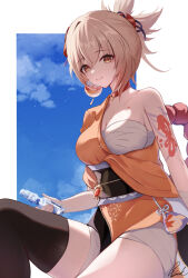 1girl absurdres arm_tattoo asymmetrical_gloves asymmetrical_legwear bandaged_arm bandaged_hand bandages black_thighhighs blonde_hair blue_sky bottle breasts butterfly_choker chest_sarashi chest_tattoo choker cloud flower_tattoo genshin_impact gloves grin hadanugi_dousa highres holding holding_bottle japanese_clothes kimono large_breasts long_hair obi open_clothes open_kimono orange_choker orange_eyes orange_kimono pisuke_(user_kcmh2774) ponytail rope sarashi sash shimenawa signature single_bare_shoulder single_thighhigh sky smile solo tattoo thighhighs vision_(genshin_impact) yoimiya_(genshin_impact)