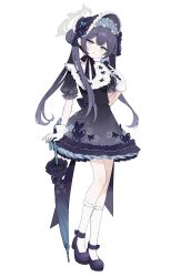 1girl absurdres alternate_costume black_bonnet black_bow black_dress black_hair black_umbrella blue_archive blue_flower blue_rose blue_shoes blush bonnet bow butterfly_earrings butterfly_hair_ornament collar collared_dress commentary_request double-parted_bangs double_bun dress earrings expressionless floral_print flower frilled_collar frilled_sleeves frills full_body gloves grey_eyes grey_halo hair_between_eyes hair_bun hair_flower hair_ornament halo hand_fan head_tilt highres holding holding_fan jewelry jitome kisaki_(blue_archive) lolita_fashion long_hair looking_at_viewer parted_lips puffy_short_sleeves puffy_sleeves rose rose_print see-through_clothes see-through_sleeves shoes short_sleeves simple_background socks solo standing tachi-e twintails umbrella upper_body very_long_hair white_background white_gloves white_socks ymm007xx