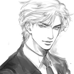 Rule 34 | 1boy, bishounen, collared shirt, dio brando, formal clothes, jojo no kimyou na bouken, looking at viewer, monochrome, necktie, parted lips, phantom blood, shirt, sunayama38