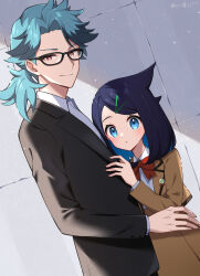 1boy 1girl black-framed_eyewear blue_eyes bow bowtie bright_pupils brown_eyes brown_jacket brown_skirt closed_mouth collared_shirt commentary_request cowlick glasses green_hair hair_ornament hairclip highres jacket liko_(pokemon) long_sleeves nintendo pokemon pokemon_(anime) pokemon_horizons red_bow red_bowtie reisui_(sui_neko22) school_uniform shadow shirt skirt smile spinel_(pokemon) swept_bangs