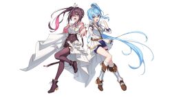 2girls :d armor armored_boots asymmetrical_sidelocks azki_(hololive) belt black_boots black_hair black_shorts black_thighhighs blue_eyes blue_hair blue_shorts boots breastplate brooch brown_belt center_frills collared_shirt colored_inner_hair commentary_request cropped_jacket double-parted_bangs frills full_body garter_straps gloves hair_between_eyes hair_ornament hairclip hand_up high-waist_shorts highres hololive hoshimachi_suisei jacket jewelry juliet_sleeves long_hair long_sleeves mole mole_under_eye multicolored_hair multiple_girls official_alternate_costume official_alternate_hairstyle official_art open_mouth pine_(angel4195202) pink_hair pleated_skirt puffy_sleeves purple_eyes reaching reaching_towards_viewer shirt shirt_tucked_in short_shorts shorts shoulder_armor showgirl_skirt side_ponytail sidelocks simple_background skirt sleeve_cuffs sleeveless sleeveless_shirt smile star_(symbol) star_in_eye streaked_hair symbol_in_eye thighhighs three-quarter_sleeves very_long_hair virtual_youtuber white_background white_gloves white_hair white_jacket white_shirt white_skirt