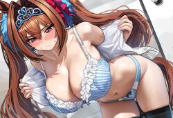 1girl animal_ears asdkd123 bare_shoulders bent_over black_thighhighs blue_bra blue_panties blush bra breasts brown_hair cleavage closed_mouth crown daiwa_scarlet_(umamusume) hair_between_eyes hair_intakes highres horse_ears horse_girl horse_tail large_breasts long_hair looking_down navel no_pants panties shirt sidelocks solo stomach striped_bra striped_clothes striped_panties sweatdrop tail thighhighs twintails umamusume underwear undressing variant_set white_shirt
