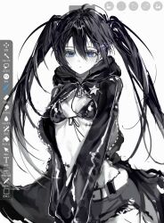 1girl 8x9_1t art_program_in_frame black_bra black_hair black_rock_shooter black_rock_shooter_(character) black_shorts blue_eyes bra closed_mouth cowboy_shot highres long_hair scar shorts solo twintails underwear white_background