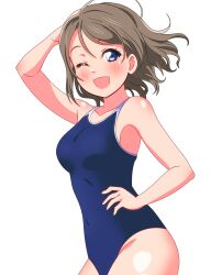 1girl absurdres blue_eyes blue_one-piece_swimsuit breasts brown_hair competition_school_swimsuit covered_navel cowboy_shot highres looking_at_viewer loose_hair_strand love_live! love_live!_sunshine!! medium_breasts one-piece_swimsuit one_eye_closed open_mouth school_swimsuit shinonome_sakura short_hair simple_background smile solo swimsuit watanabe_you white_background