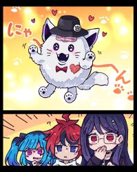 amemiya_darumi animal_ears black_bow black_choker black_hair black_hat blue_eyes blue_hair bow brain cat_ears cat_tail choker covering_own_mouth ear_piercing earrings face_piercing fluffy glasses hand_over_own_mouth hands_up hat heart jewelry kedamamax lip_piercing long_hair multicolored_hair multiple_views orange_background panels paw_print piercing pink_eyes portrait purple_hair red_eyes red_hair shirt shizuhara_hiruko short_hair sirei_(hundred_line) striped_clothes striped_shirt sumino_takumi tail the_hundred_line_-last_defense_academy- twintails yellow_background