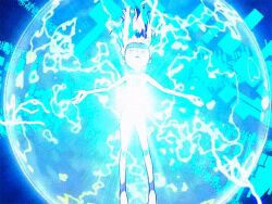 1girl animated animated_gif barefoot biomerge breasts closed_eyes completely_nude convenient_censoring digimon digimon_tamers energy floating_hair long_hair looping_animation makino_ruki matrix_evolution nude official_art open_mouth outstretched_arms pink_hair small_breasts solo trembling_legs